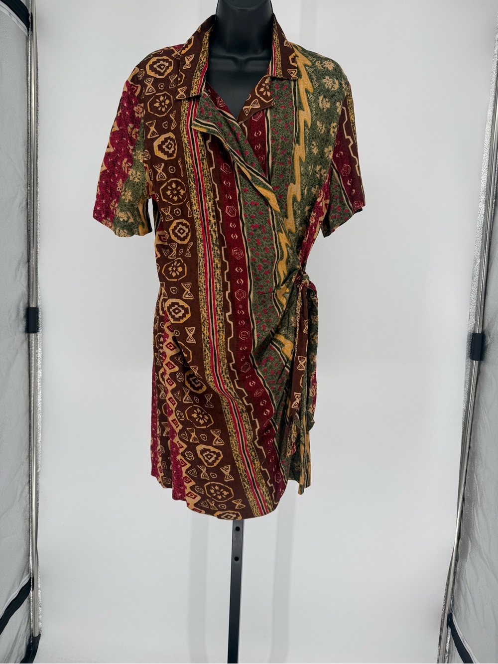 VTG Wrap Romper in Burgundy, Green & Mustard sz M